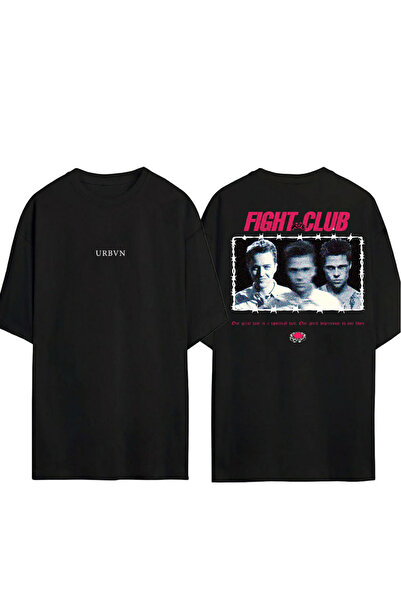 urbvn تي شيرت فايت كلوب ديزاين مطبوع أسود قصة فضفاضة
