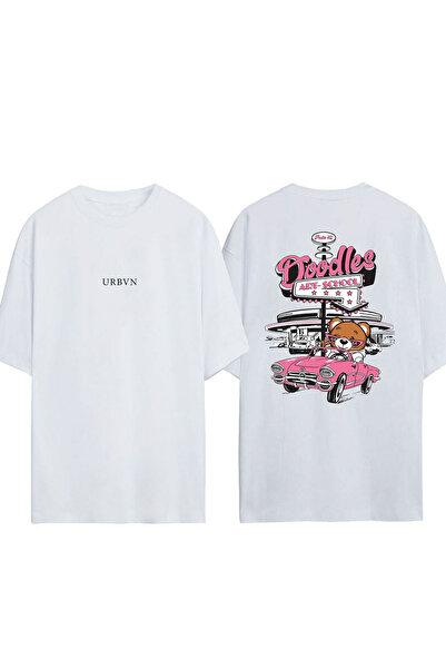 urbvn تي شيرت دودلز ديزاين مطبوع أبيض قصة فضفاضة