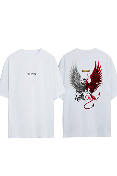 urbvn Angel Demon 3 Design Printed White Oversized T-Shirt