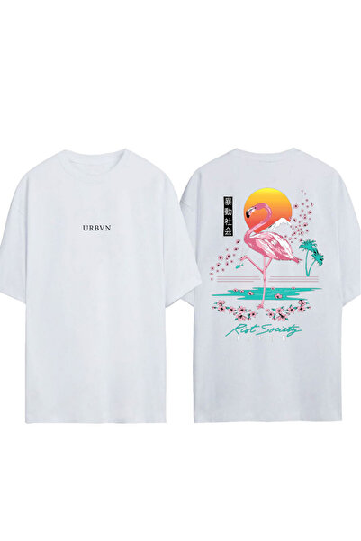 urbvn تي شيرت فلامينجو ديزاين مطبوع أبيض قصة فضفاضة
