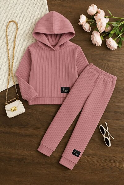 tunays shopping Soft Textured Hooded 3-12 Years Old Girls' Tracksuit Set