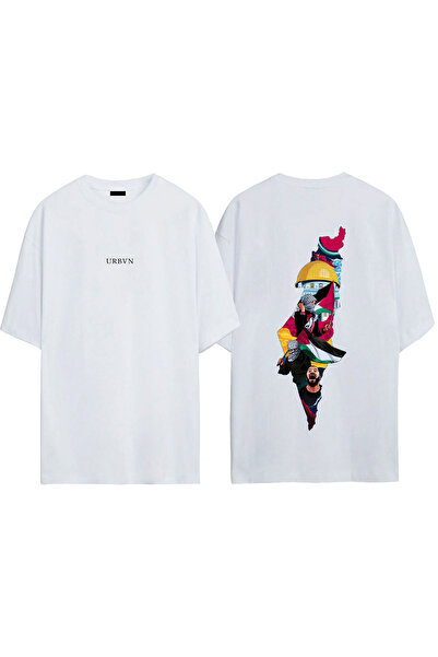 urbvn تي شيرت فلسطين ديزاين مطبوع أبيض قصة فضفاضة