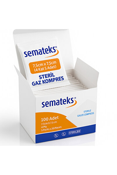 SEMATEKS Steril Pamuklu Dokuma Gaz Kompres Spanç | 7,5cm x 7,5cm | 4 Katlı | 100'lü (5'li Zarf x 20) 1 Kutu