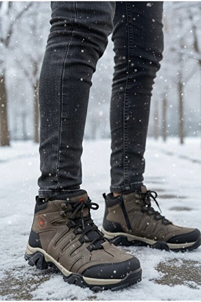 Budaks Men's Boots with Fleece Inside, Anti-Slip Thermo Sole, Winter Lace-Up Zippered Outdoor Trekking Boots