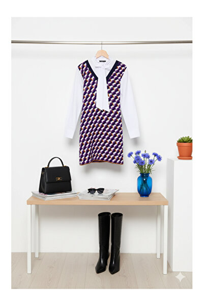 Namaste Vintage White Shirt with Tie Detail Geometric Pattern Knit Dress