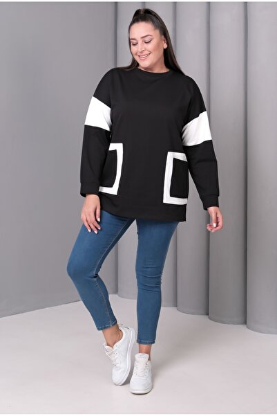 Şans Women's Plus Size Black-White, Pocket Detailed Sweatshirt 65N39231