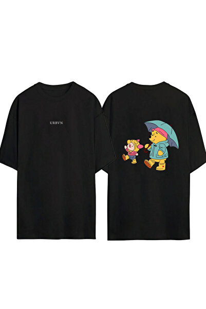 urbvn Winnie Piglet Tasarım Baskılı Siyah Oversize T shirt