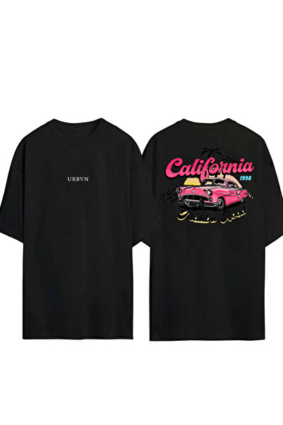 urbvn تي شيرت كاليفورنيا ديزاين مطبوع أسود قصة فضفاضة