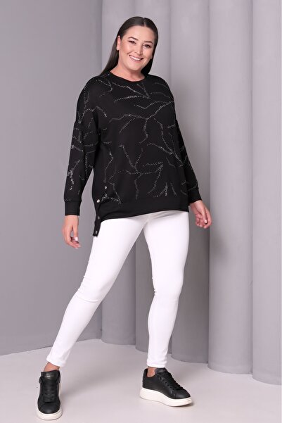 Şans Women's Plus Size Black, Stone Embellished, Long Back Tunic