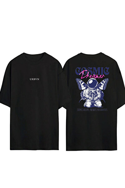 urbvn تي شيرت كوزميك ديزاين مطبوع أسود قصة فضفاضة