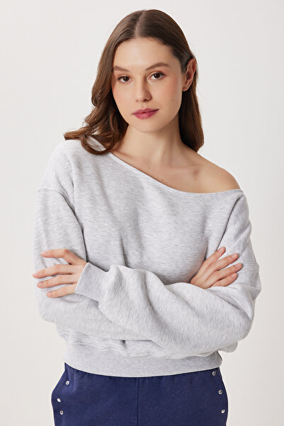 Lovelyİstanbul Πλεκτό φούτερ με ανοιχτό ώμο επένδυση fleece LAN0076 ΓΚΡΙ ΜΕΛΑΝΙ
