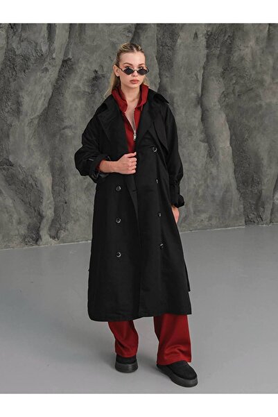 HOPE AND ME Black Double-Breasted Collar Lined Long Trench Coat