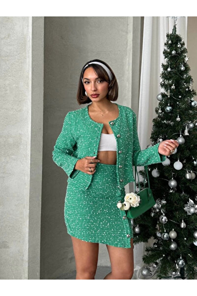 Butik Women's Skirt Jacket Top and Bottom Set