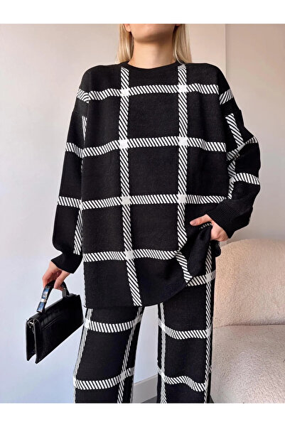 Butik Women's Plaid Patterned Knitwear Top and Bottom Set