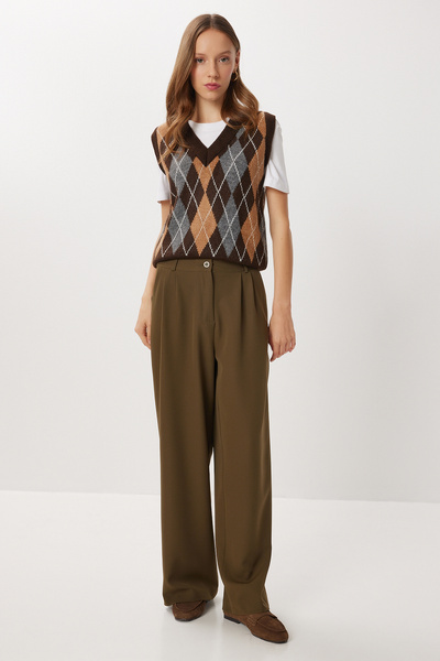 Lovelyİstanbul Woven with Pockets Palazzo Pants Lgk0007 Khaki