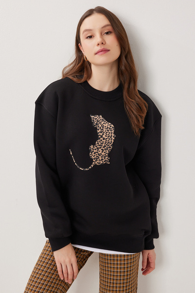 Lovelyİstanbul Leopard Printed Oversized Fleece-Lined Knitted Sweatshirt Lmc0078 Black