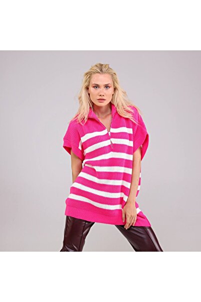 EDZ Women's Pink Knitwear Short Sleeve High Neck Zippered Loose Fit Oversized Pattern Tunic