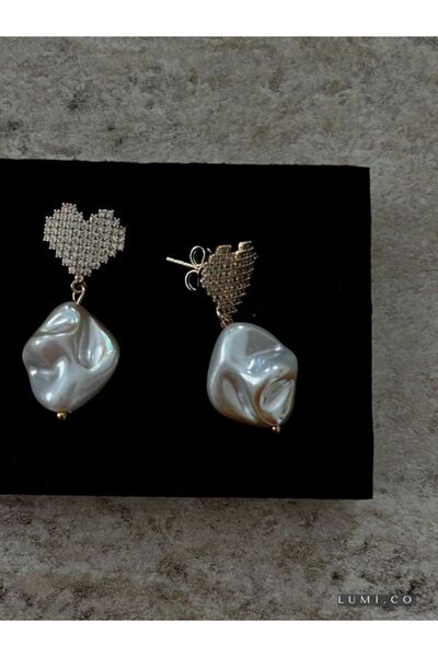 LUMİCOTAKI ÇELİK KALP MODEL TAŞLI İNCİLİ SALLANTILI GOLD ALTIN KÜPE