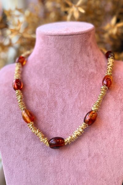 Meva Takı ve Aksesuar Amber Tone Gold Detailed Beaded Necklace |   Mev'Armoni Collection