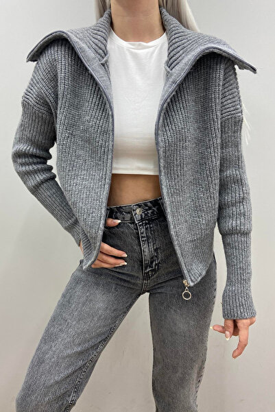 Nopen Knitwear Women's Anthracite Gray Zippered Knitwear Cardigan
