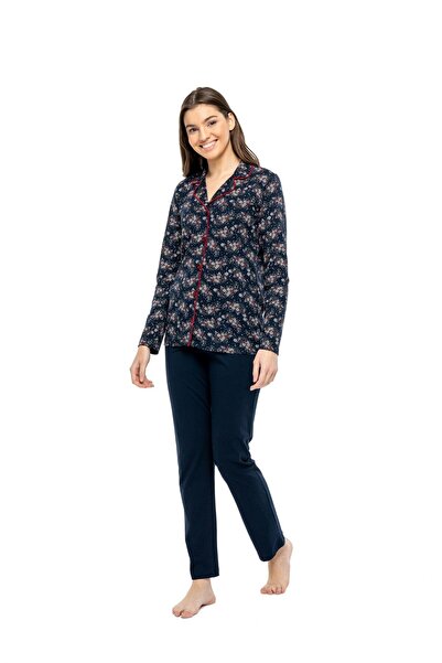 MOD Collection - Kadın Lacivert Boydan Patlı Pijama Takımı 3974