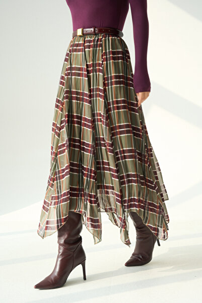 LOOSH Kadın Yeşil Ekose Desenli Asimetrik Kesim Etek