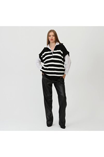 EDZ Women's Black Knitwear Short Sleeve High Neck Zippered Loose Fit Oversized Pattern Tunic