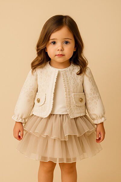 PARK BEBE Girl's Cream-Colored Shiny Jacket Tutu Skirt Suit and Shirt 3-Piece Set for Special Occasions
