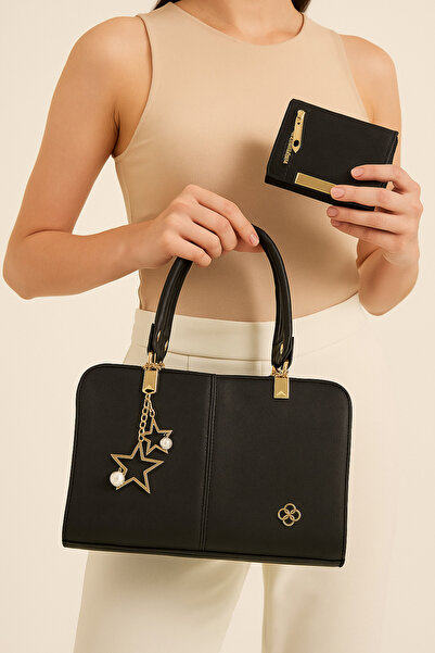 PefyBaby Five-Compartment, Star and Pearl Detailed, Women's Shoulder and Hand Bag and Wallet, Vienna Black