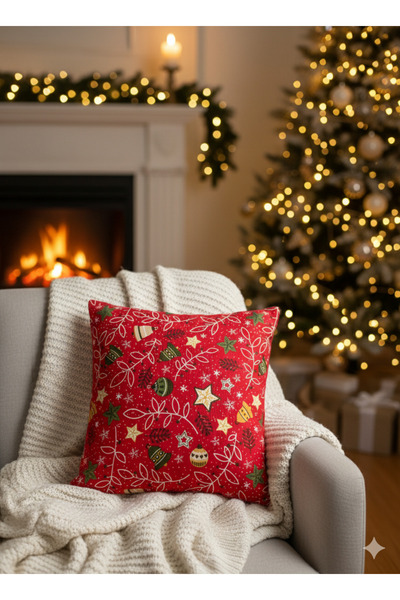 Sumicorn Design New Year Patterned Red Pillow Cushion Cover, New Year Decoration, Gift (42 X 42 cm)