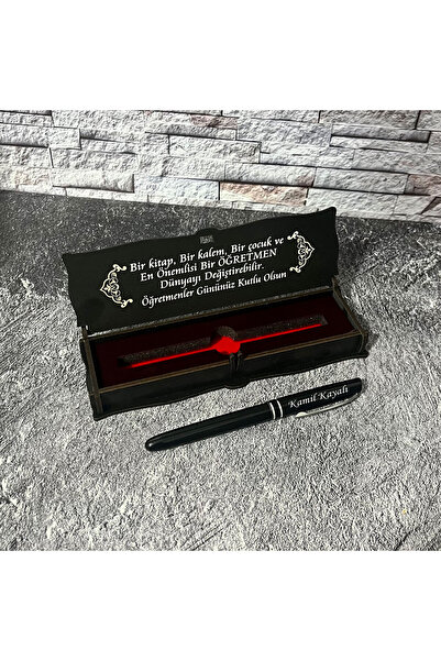 Sanat Hediyelik Öğretmenler Gününe Özel Metal Roller Kalem İsimli + Ahşap kut...