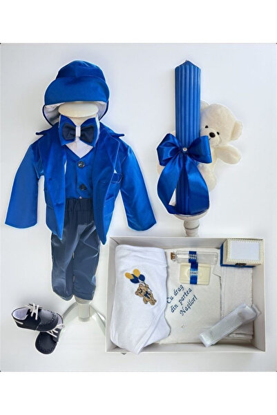 Botez Set Mateo – albastru electric din catifea cu tematica ursulet si lumana...