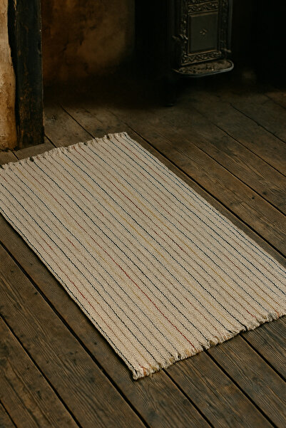 Alenked Home Jute White Colored Striped Natural Rug 80X150Cm