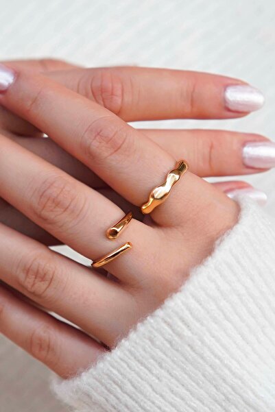 TREND COLLECTİON Gold Renk Dalgalı ve Açık Uçlu 2'li Kadın Yüzük Seti