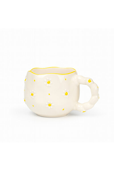 Çağ Seramik كوب سيراميك مصنوع يدويًا بنقشة زهرة الأقحوان – كوب قهوة كريمي بمق...