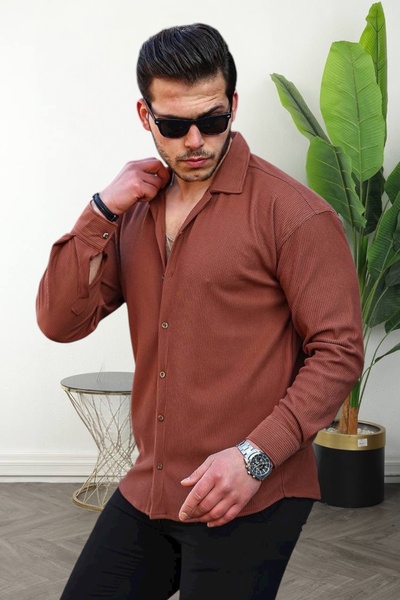 BİRBEYSTORE Men's Shirt Long Sleeve Corded Fabric Ottoman Fabric
