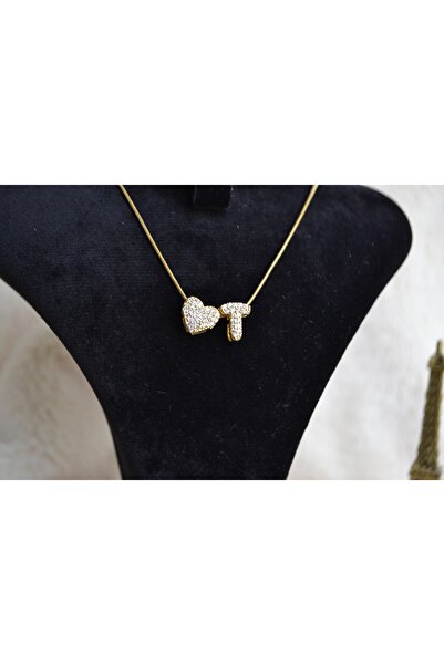 Stainlless Steel Harfli Çelik Zirkon Taşlı Kalp Kolye