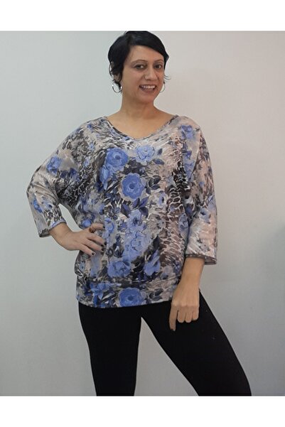 Mertcan Butik Blue Black Cream Floral Print V-Neck Knitwear-Like Two-Thread Batwing Three-Quarter Sleeve T-Shirt