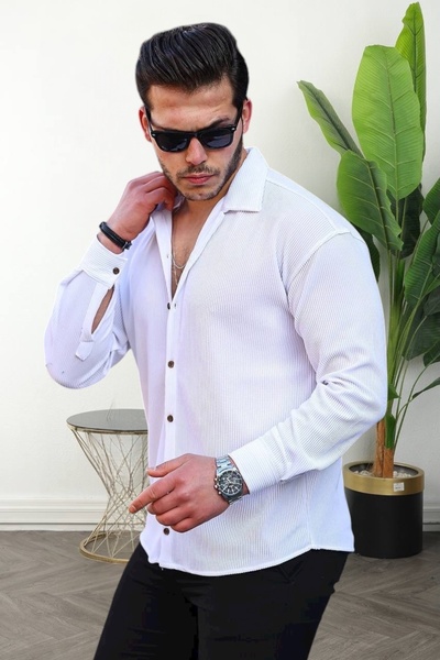 BİRBEYSTORE Men's Shirt Long Sleeve Corded Fabric Ottoman Fabric