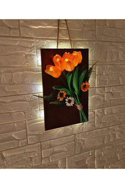 OznCicekTasarim Led Lighted Artificial Wet Tulip Orange Colored and Arrangement Flower - Wall Ornament - Night Light - Decor