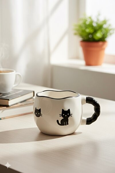Çağ Seramik Kedi Desenli El Yapımı Seramik Kupa – Siyah Kulplu Krem Kahve Kupası