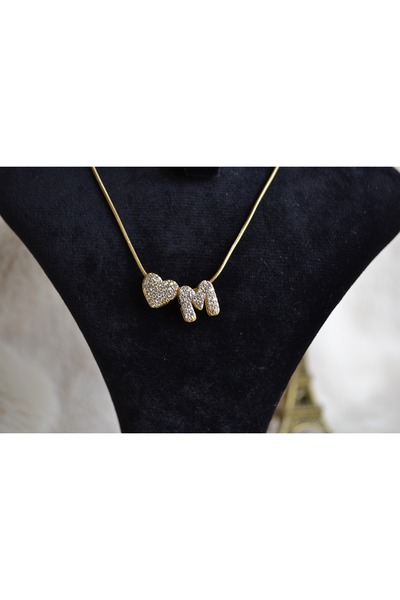 Stainlless Steel Harfli Çelik Zirkon Taşlı Kalp Kolye