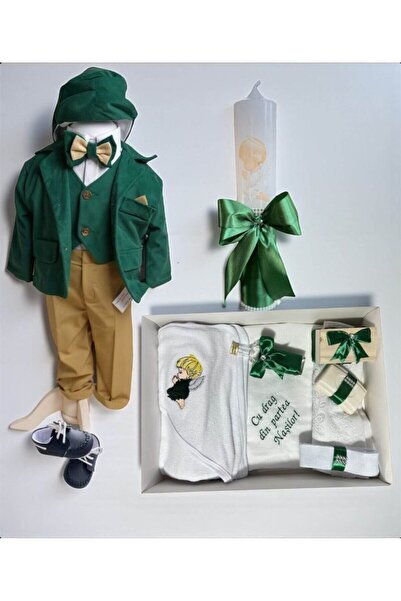 Botez Set Mateo – verde din catifea cu tematica ingeras brodat