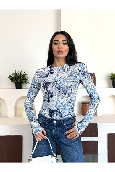Bukamiss Women's Blue Wave Patterned Body with Finger Detail