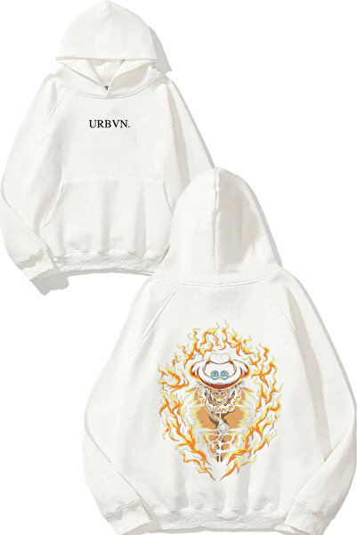 urbvn تصميم فاير مان مطبوع قصة فضفاضة سويت شيرت أبيض بغطاء رأس