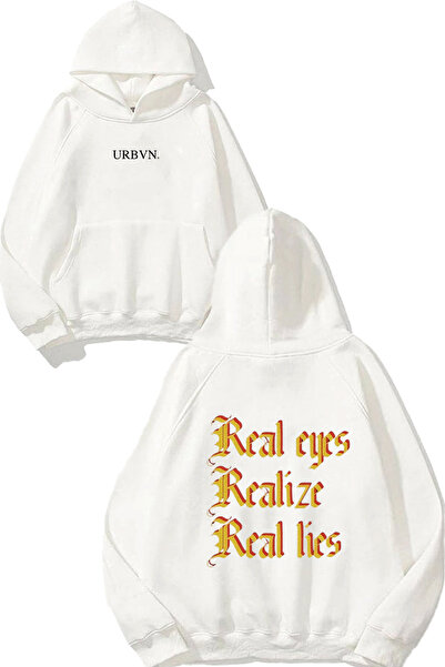 urbvn ريالايز ديزاين مطبوع قصة فضفاضة سويت شيرت أبيض بغطاء رأس
