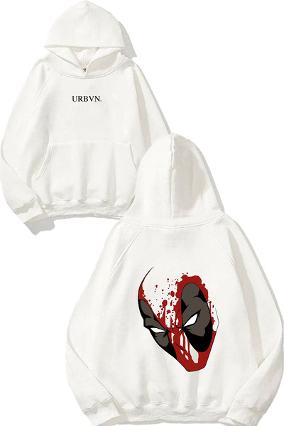 urbvn تصميم قناع ديدبول مطبوع قصة فضفاضة سويت شيرت أبيض بغطاء رأس