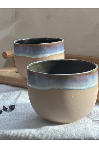 Vaveyla Sanat El Yapımı Stoneware Latte Bardağı | Deniz Mavisi & Eflatun Sırlı Tekli Büyük Boy Kupa