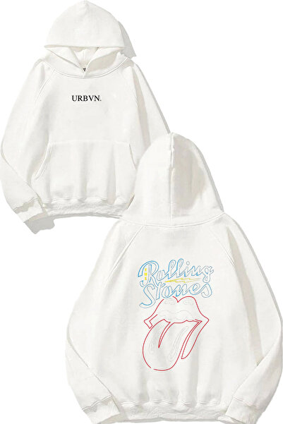 urbvn سويت شيرت رولينج ستونز تاونج ديزاين مطبوع قصة فضفاضة أبيض بغطاء رأس