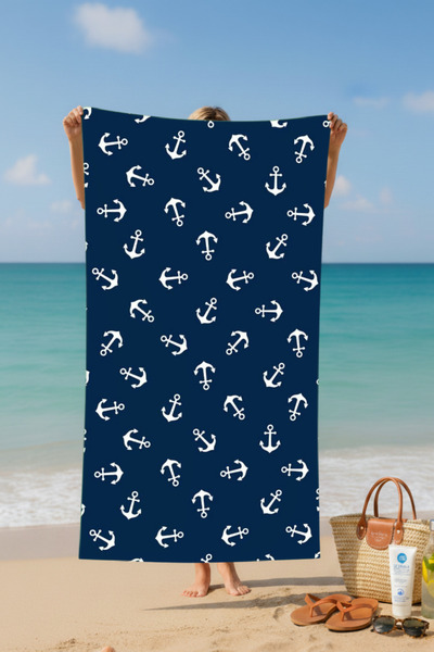 BETHA Dark Blue Small Anchor Patterned Cotton Beach Towel – Patterned Design – 75X150 cm